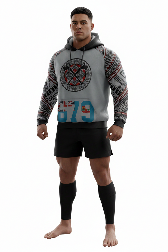 Fiji war club hoodie with Kesa kesa design, unisex, USA men's sizing, limited edition