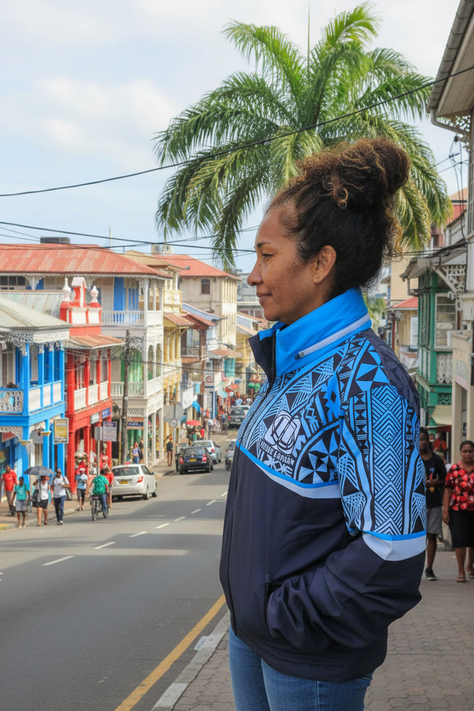 Fiji Tapa windbreaker rain jacket with stow away hoodie and zippered front in USA sizing