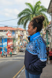 Fiji Tapa windbreaker rain jacket with stow away hoodie and zippered front in USA sizing