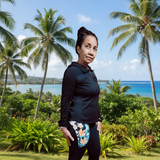 Women's frangipani tights with front pockets and secure back zipper pocket, made from high-quality nylon and polyester.