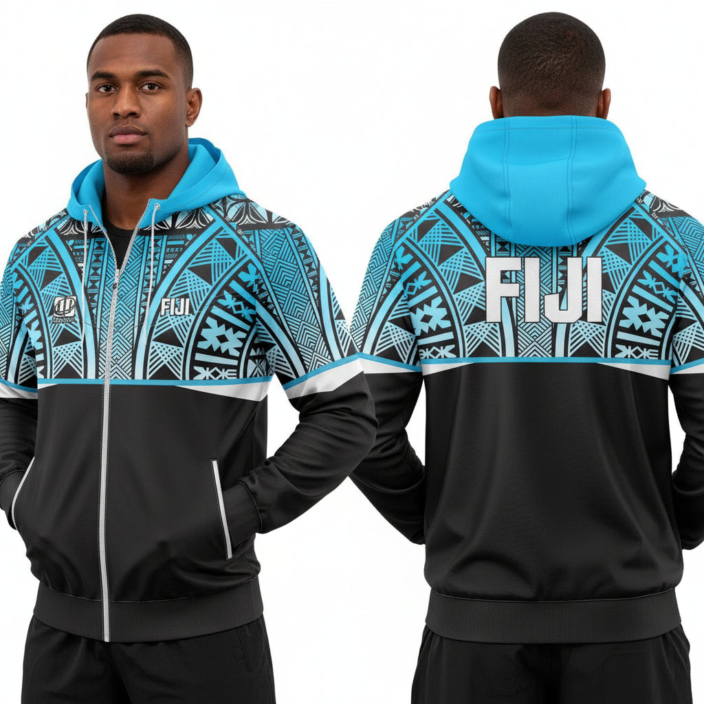 Fiji Tapa designed sublimation windbreaker rain jacket with stowaway hoodie and zippered front