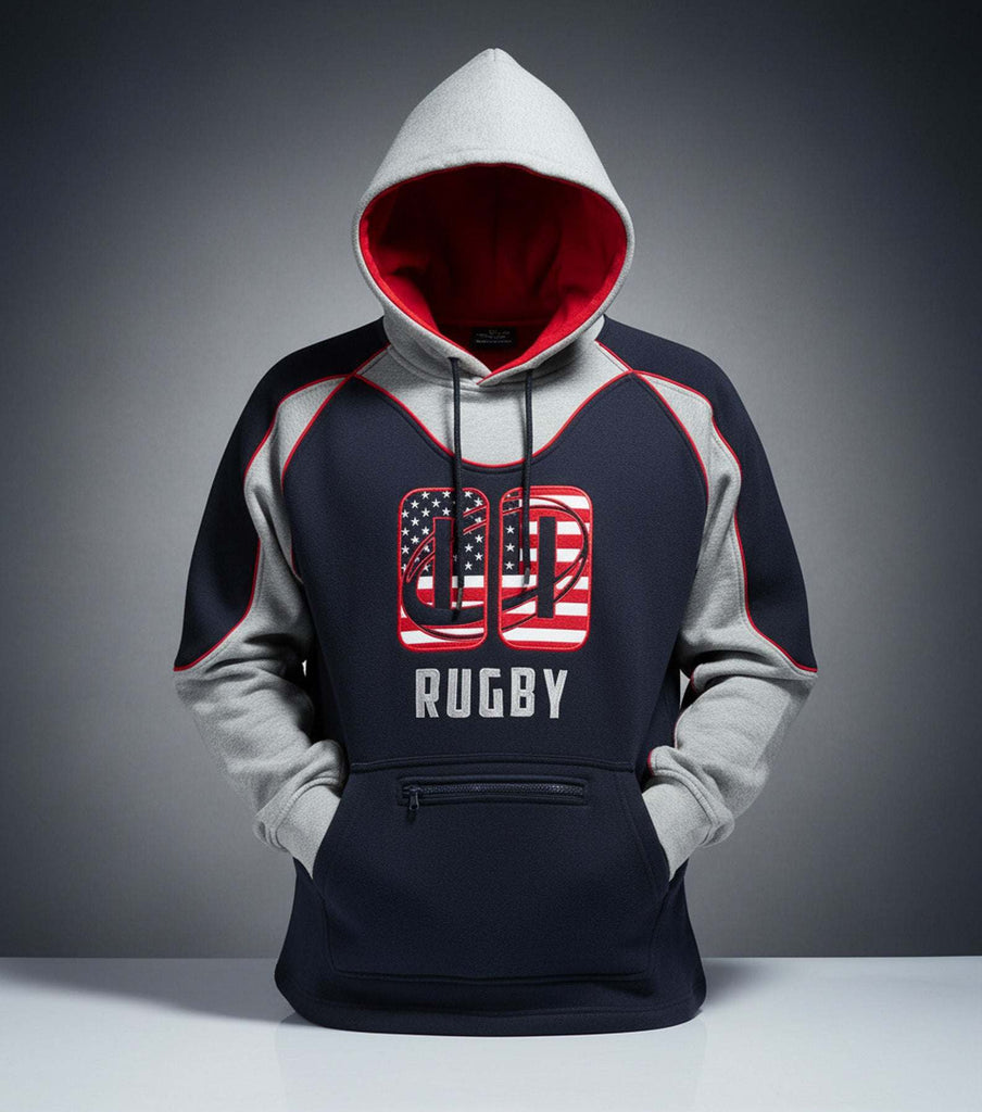 USA flag embroidered on a thick cotton/poly fleece hoodie with authentic detailing