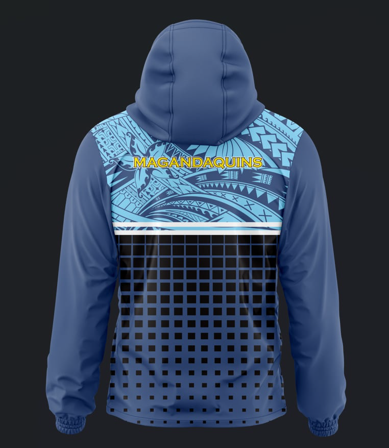 Unisex dark blue water-resistant wind breaker jacket with hood in collar