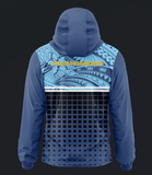 Unisex dark blue water-resistant wind breaker jacket with hood in collar