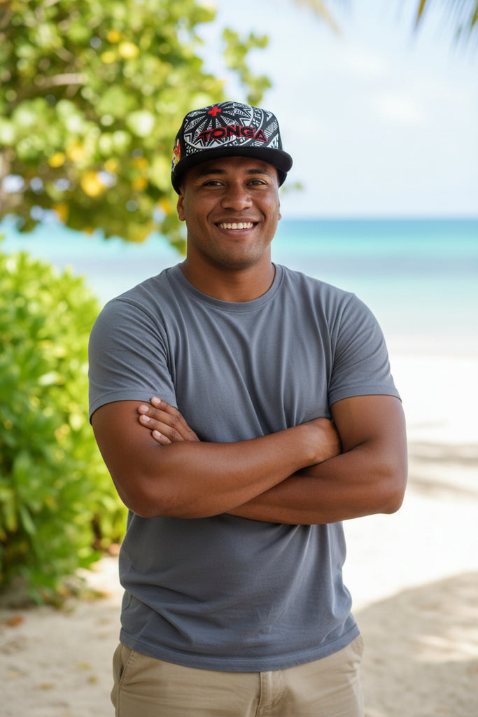 Tonga Hat Ngatu design 3D embroidered snapback with sublimated front panel and tappa under bill