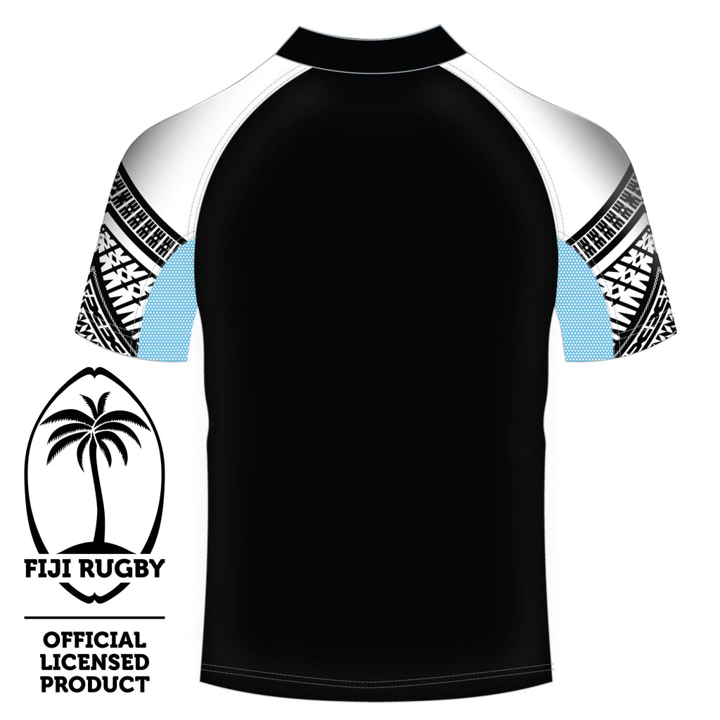 Back view of Fiji Rugby polo shirt with black, white, and patterned sleeves, official licensed product logo visible