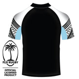 Back view of Fiji Rugby polo shirt with black, white, and patterned sleeves, official licensed product logo visible