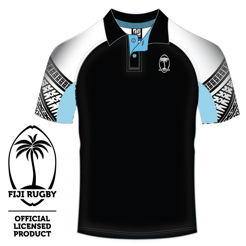 Fiji Rugby polo shirt with black body, white and patterned sleeves, and moisture-wicking panels