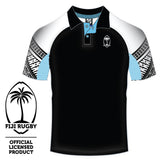 Fiji Rugby polo shirt with black body, white and patterned sleeves, and moisture-wicking panels