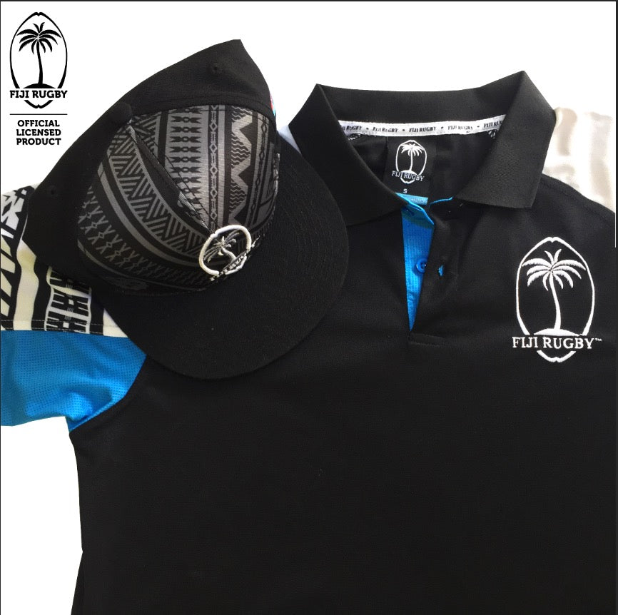 Fiji Rugby polo shirt and cap with FRU logo and traditional pattern accents