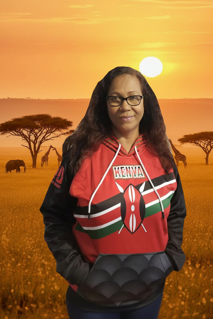 Woman wearing Kenya hoodie with thick fleece fabric and hooded jumper design