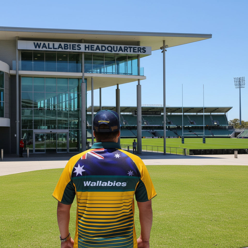 Back view of Australia Wallabies Polo Shirt with embroidered Wallabies logo and Australian flag design.