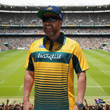 Man wearing Australia Wallabies polo shirt with embroidered logo and Australia text