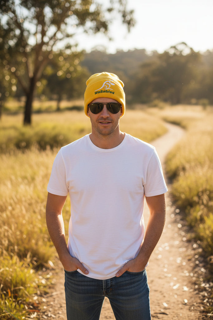 Australia Wallabies gold beanie with embroidered logo on cotton fabric
