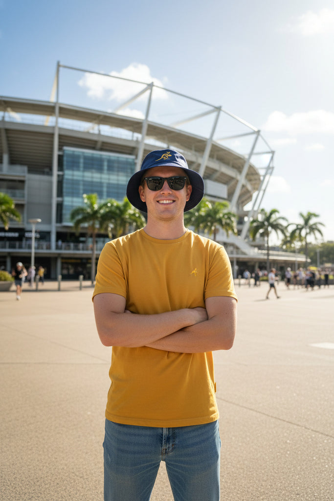 Australia Wallabies navy bucket hat with embroidered logo in cotton twill, available in small, medium, and large sizes