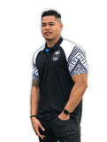 Man wearing black Fiji Rugby polo shirt with traditional patterned sleeves and FRU logo