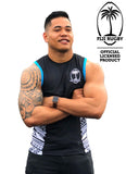 Fiji Rugby Train Singlet with mesh panels and spandex technology worn by muscular man with tattoo