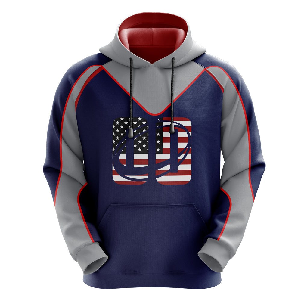 USA Flag embroidered on thick cotton poly fleece hoodie with red and gray accents