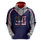 USA Flag embroidered on thick cotton poly fleece hoodie with red and gray accents