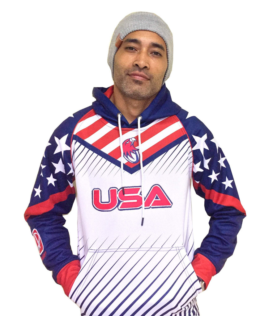 Man wearing a USA Hoodie with warm fleece and American flag design