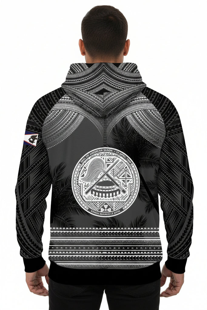 Black American Samoa zip up hoodie with intricate tribal patterns and emblem, 3XL size