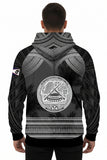 Black American Samoa zip up hoodie with intricate tribal patterns and emblem, 3XL size