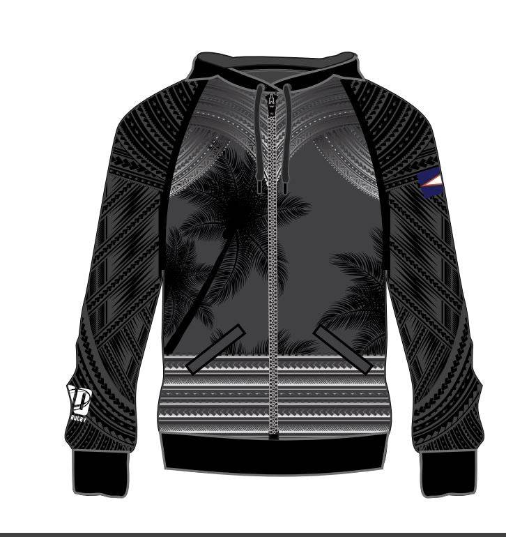 American Samoa Zip up hoodie with black tribal patterns and palm tree design, embroidered and sublimated quality