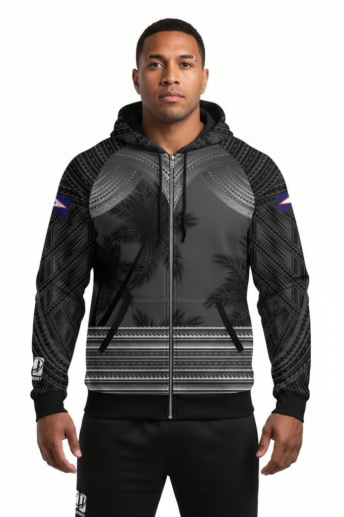 Black and gray American Samoa zip up hoodie with tribal patterns and palm tree design, size 3XL