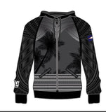 American Samoa Zip up hoodie with black tribal patterns and palm tree design, embroidered and sublimated quality
