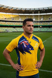 Woman wearing official Wallabies BlueGold Jersey with blue and gold colors and Australian flag design