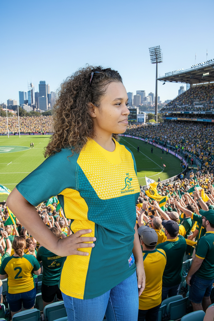 Woman wearing official Wallabies green and gold jersey standing against wooden wall