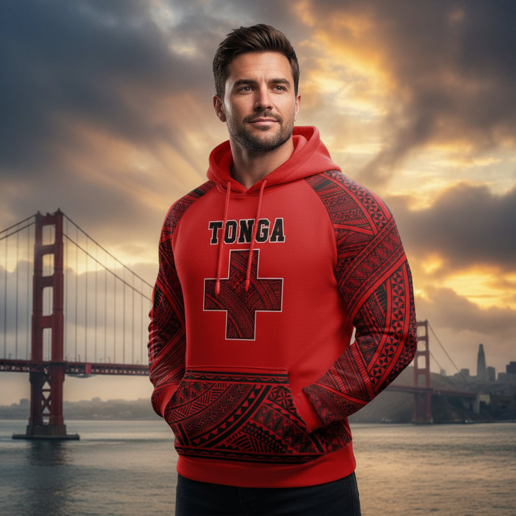 Red Tonga cross Ngatu design sublimation hoodie with tribal patterns