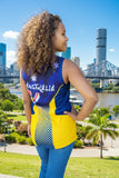 Woman wearing Australia Wallabies athletic singlet with moisture-wicking panels standing against wooden wall